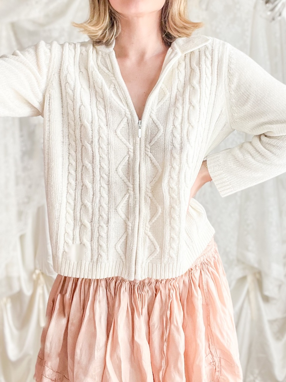 Alfred Dunner Petite Ivory Cable Knit Zip Cardigan